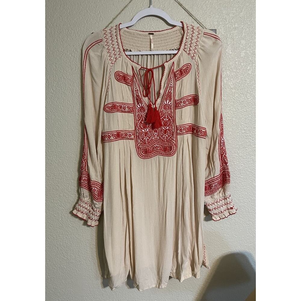 Free People Dress Women’s XS Wind Willow Embroidered Cream and Red Summer